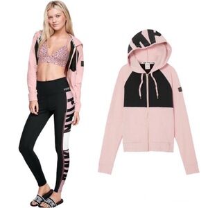 PINK Victoria’s Secret Colorblock Full Zip Hoodie Sweatshirt Jacket Pink Black
